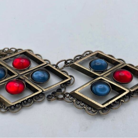 Vintage German Blue & Red Brass Tone Tassel Chain Statement Unique Rare Necklace - Picture 6 of 6